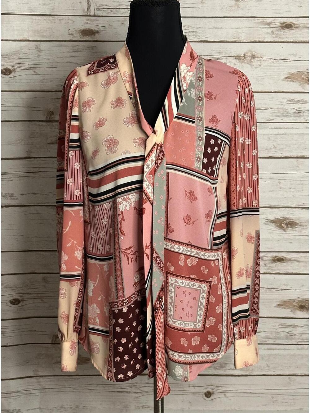 Talbots Petite pink floral patchwork tie neck long sleeve button-up blouse P/XS